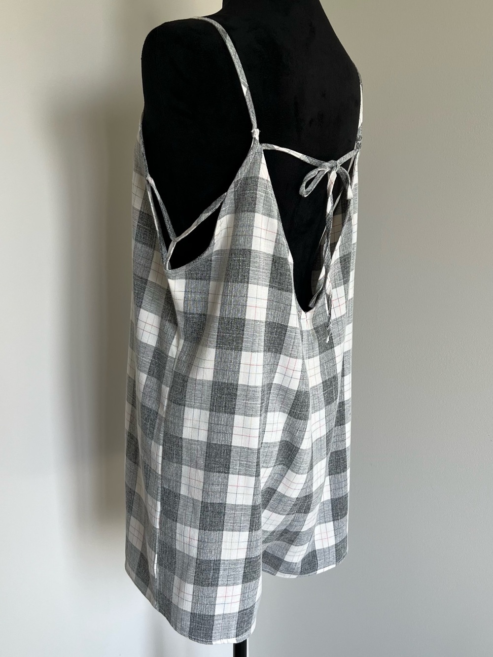 Love Riche Gray & White Open Back Plaid Romper